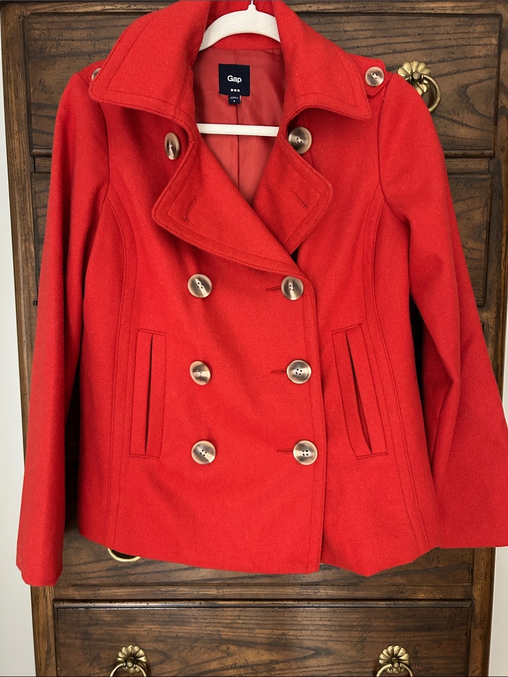 GAP Women's Wool Bright Tomato Red Double-Breasted Peacoat, Size S